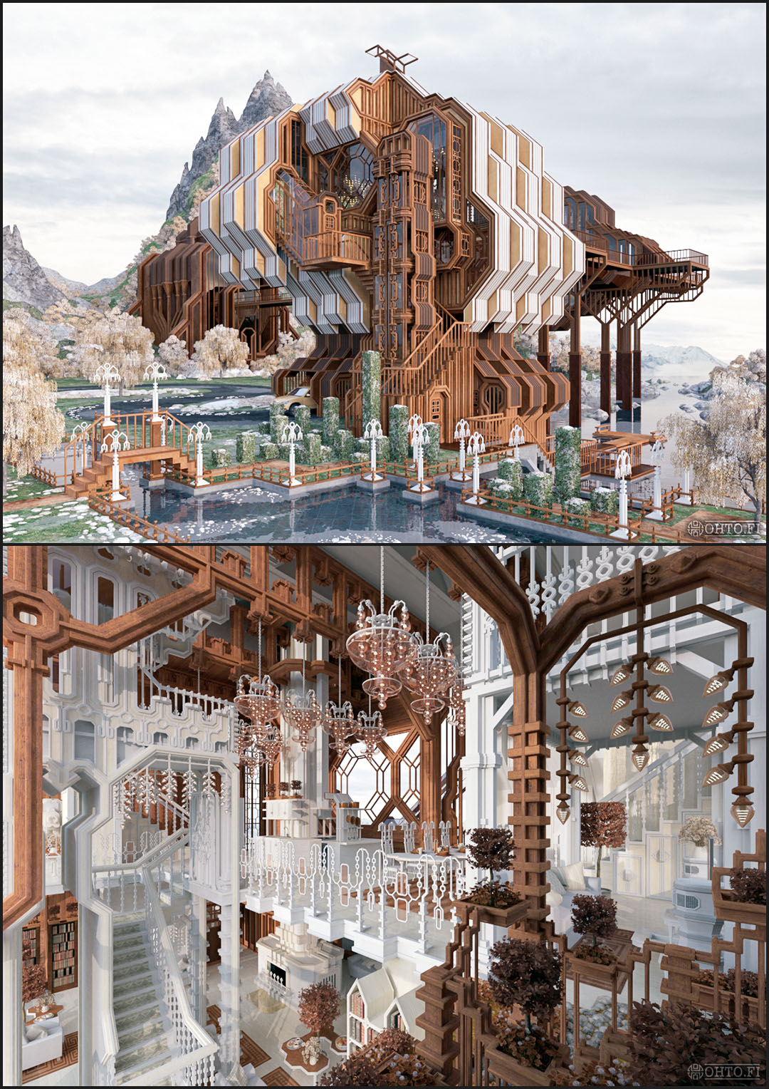 The Sleeping Willow, a 3D exterior and interior of a tree-themed house, made with 3ds Max.