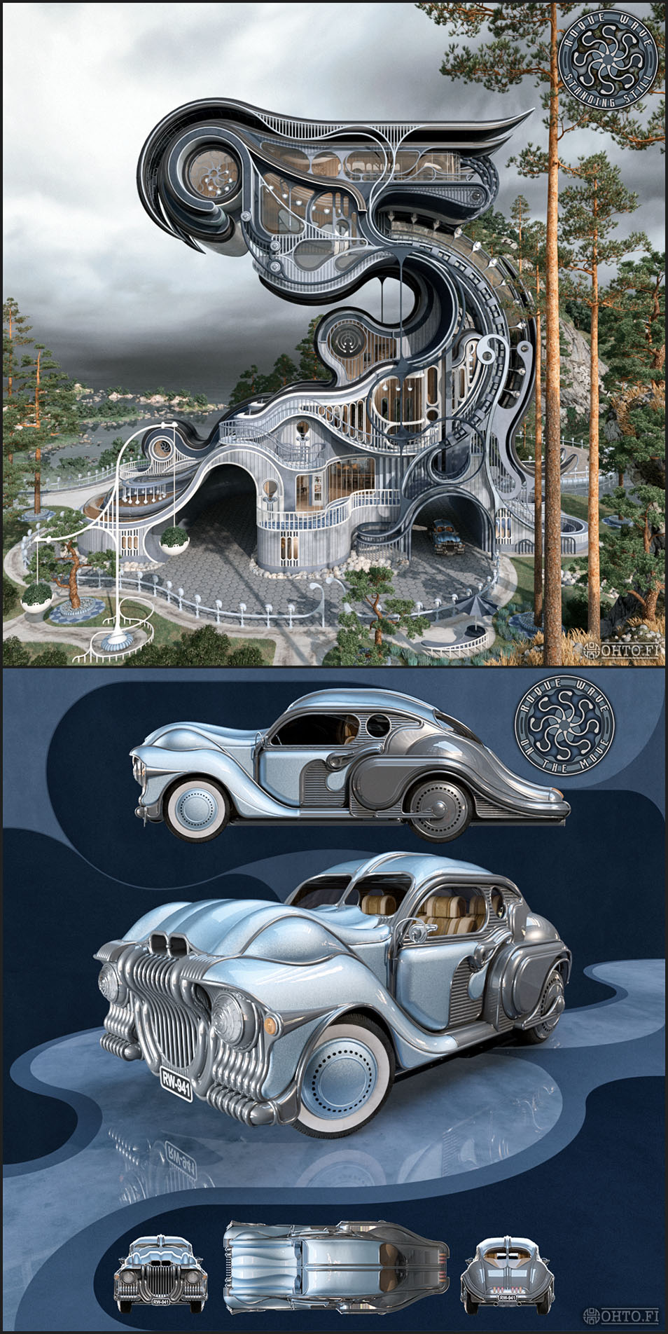 The Rogue Wave, a 3D illustration of a sea-themed house and automobile, made with 3ds Max.