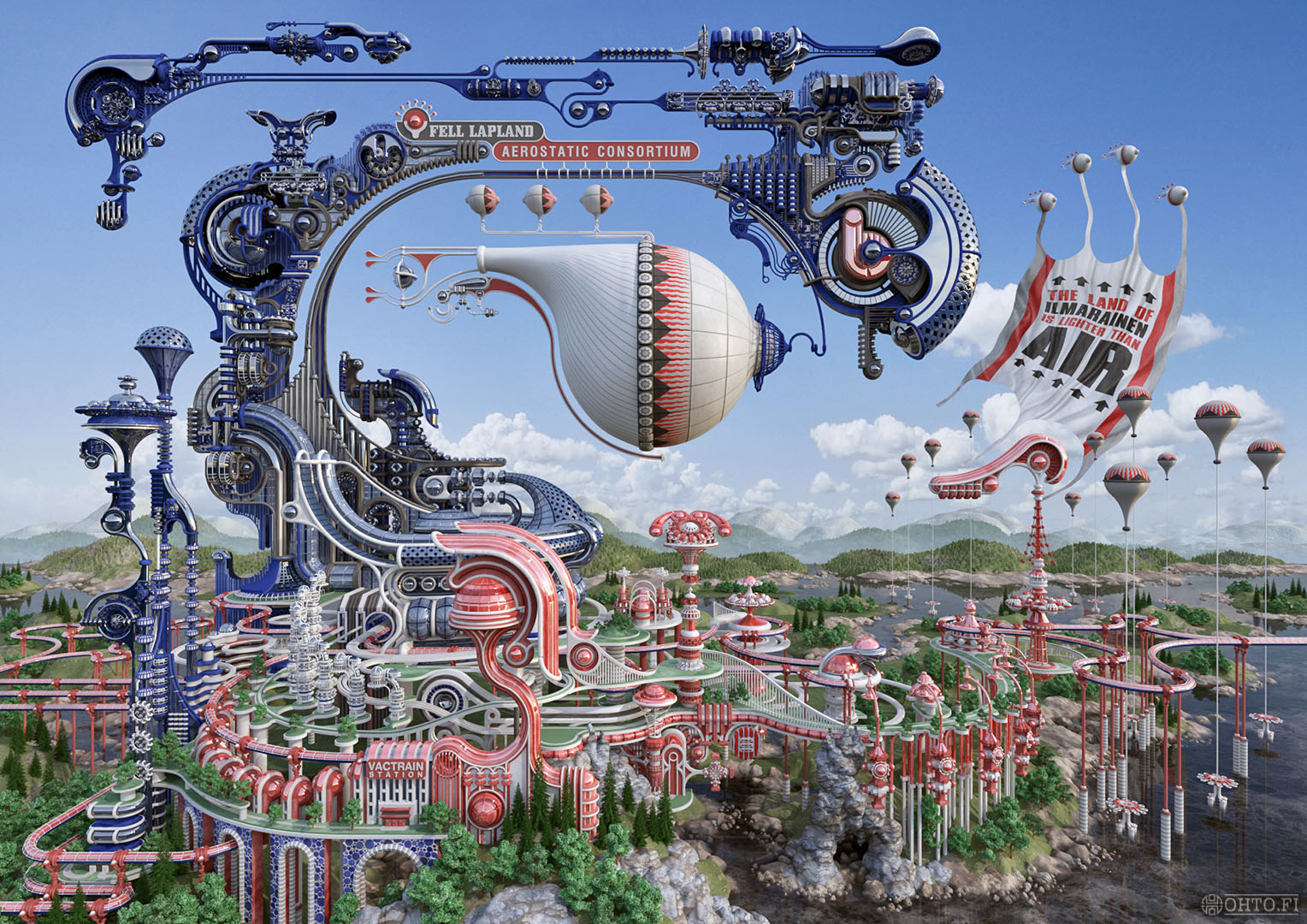 The Land of Ilmarainen is Lighter Than Air, a 3D-illustration of a hot air balloon manufacturing plant, made with 3ds Max.