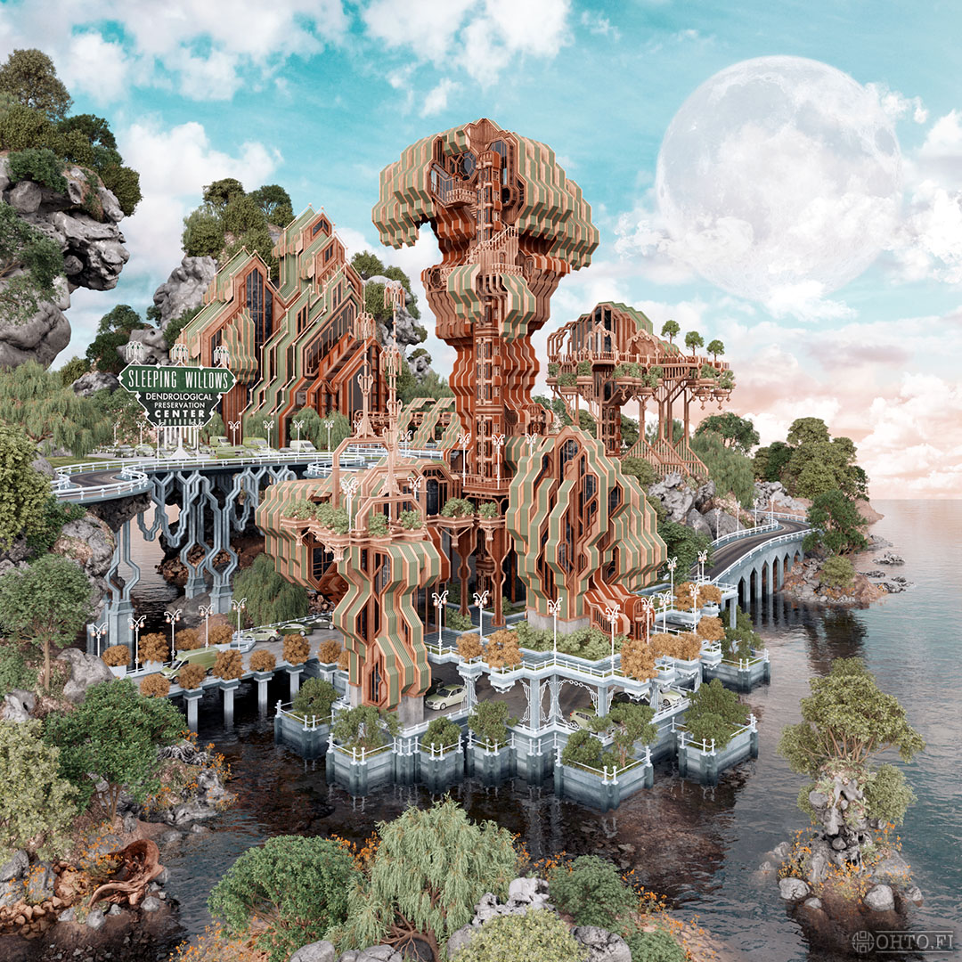 Sleeping Willows, a 3D-illustration of a dendrological preservation center, made with 3ds Max.