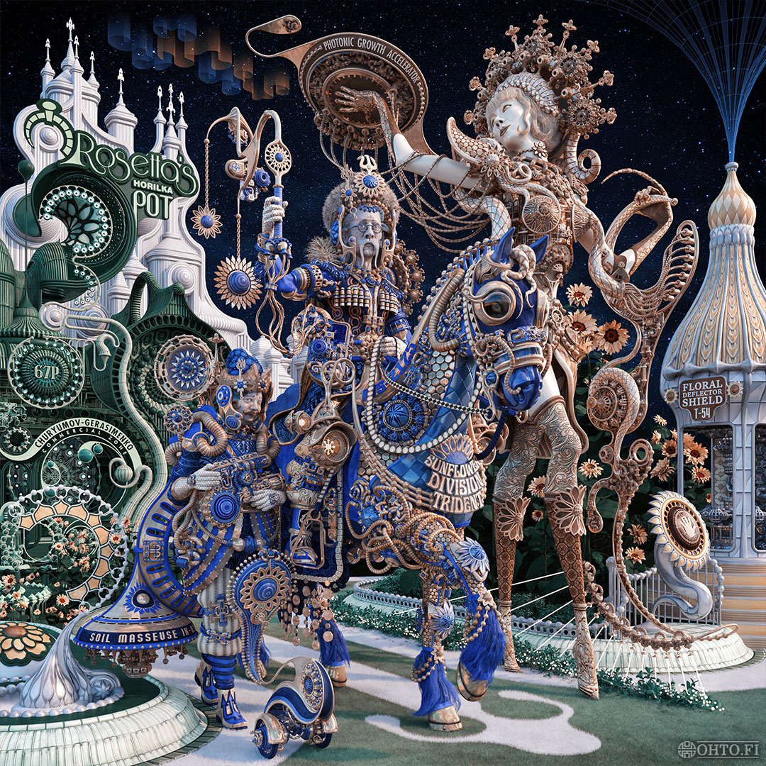 Northern lights over Churyumov-Gerasimenko, a 3D-illustration about cosmonauts on an inhabited comet, made with 3ds Max and ZBrush.